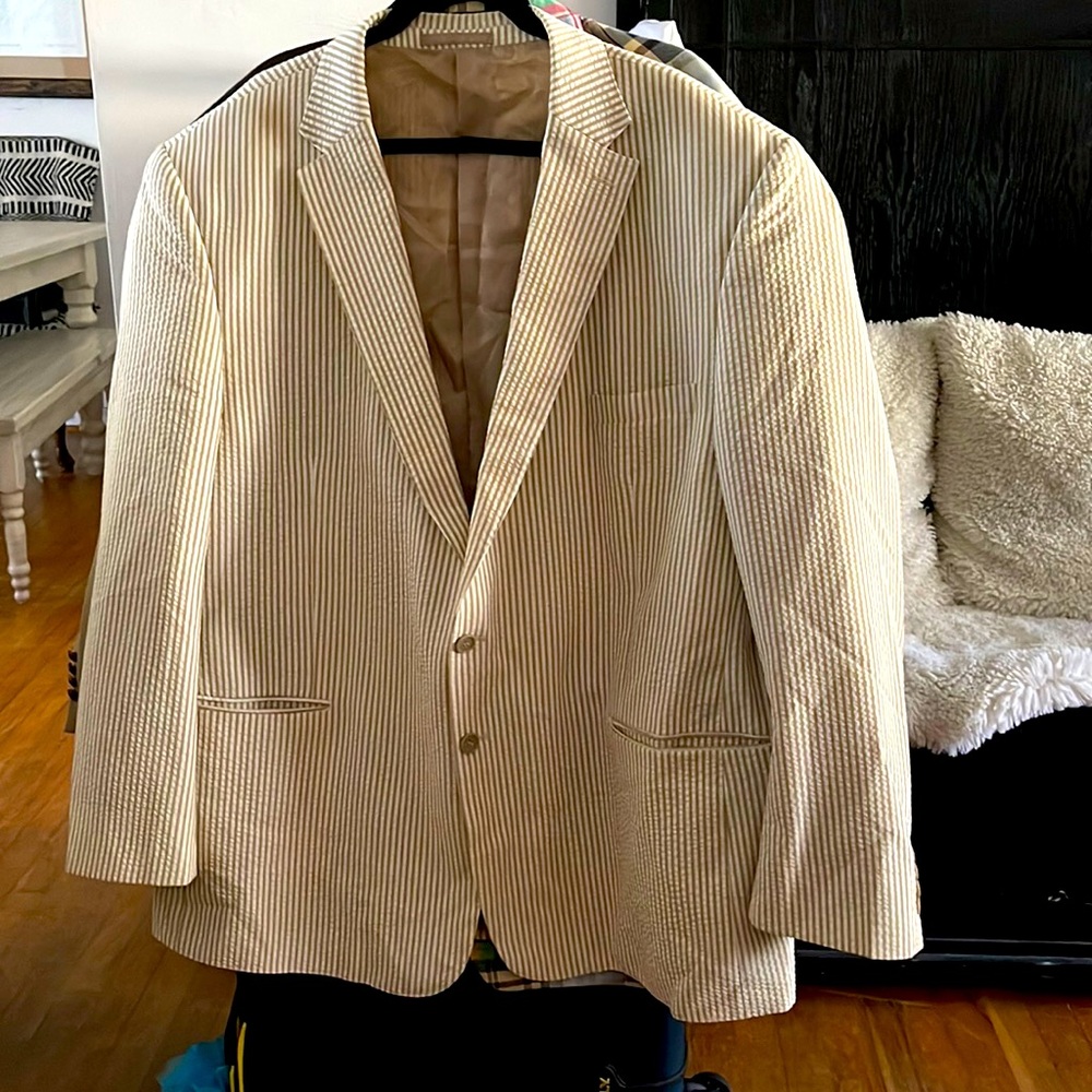Tan and white seersucker sports coat